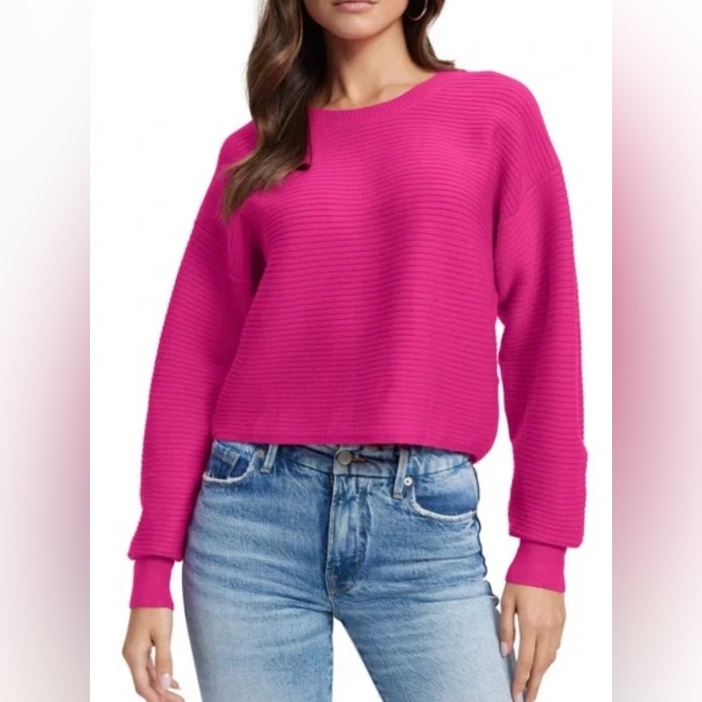 Good American Ribbed Crewneck Sweater Soft Fuchsia Pink Large